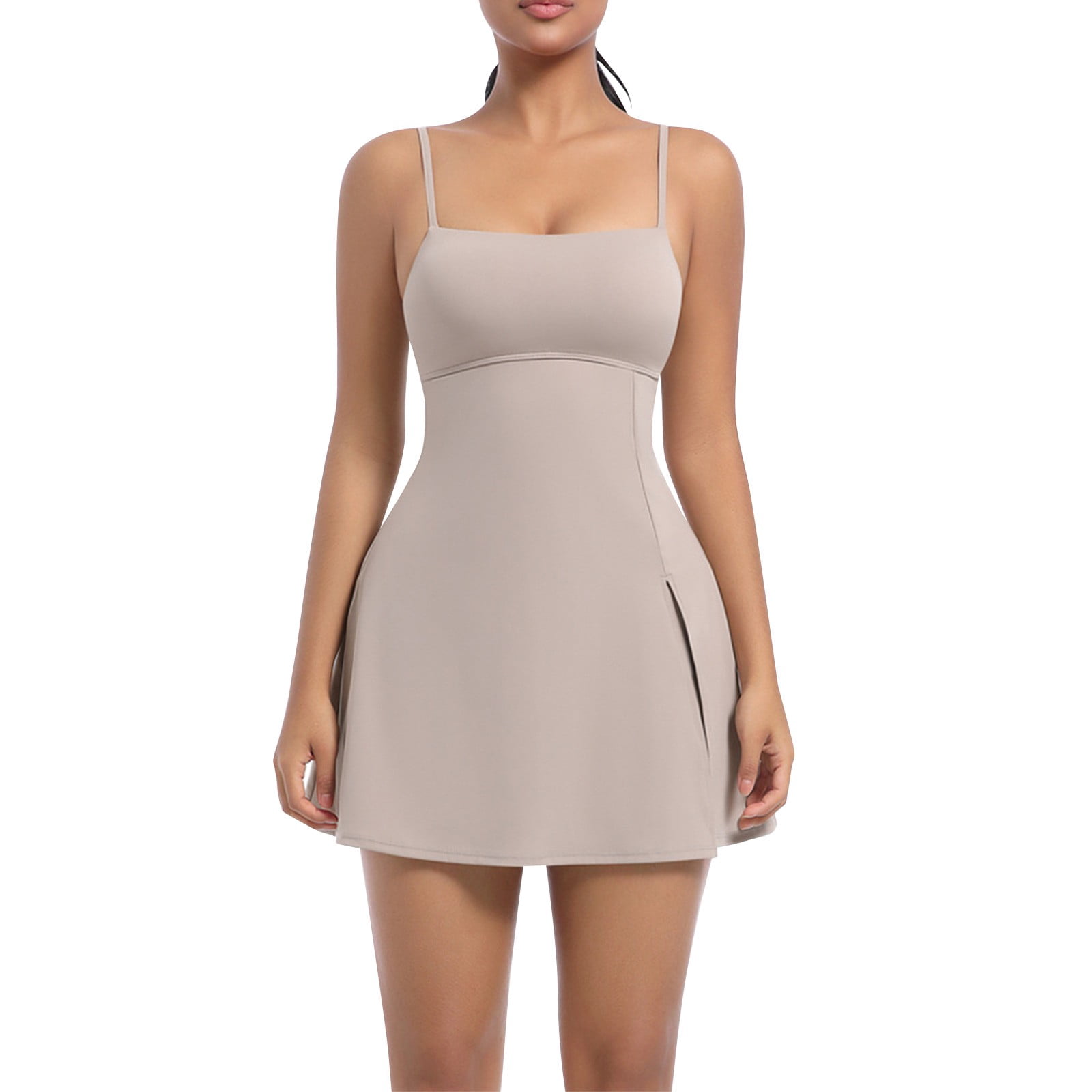 jtjvou Women's Tennis Mini Dresses Workout Golf Athletic Sleeveless Backless Spaghetti Strap Slit Dress with Built in Shorts Khaki S