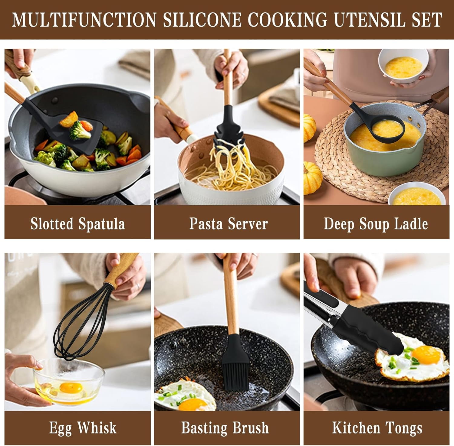 Kitchen Cooking Utensils Set, 33 pcs Non-stick Silicone Cooking Kitchen Utensils Spatula Set with Holder, Wooden Handle Silicone Kitchen Gadgets Utensil Set (Black)