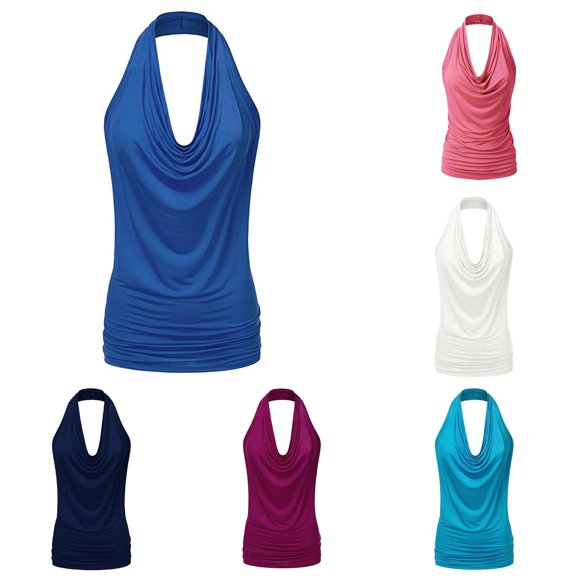 Rhuody Womens Tank Tops Halter Neck Top Drape Cowl Neck Ladies Drape Cowl Neck Tank Blouse Backless Sleeveless Vest Everyday Wear 5Xl Bu2