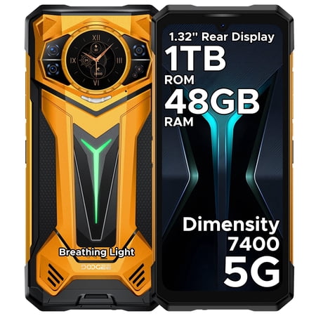 DOOGEE S200 Ultra Rugged Smartphone 5G, 48(12+36)GB+1 TB, 1.32"AMOLED Rear Display, 6.72" FHD&120Hz, 4nm D7400 Android 15, 11000mAh/66W, 100MP+20MP Night vision, Light Effect,Face ID/BT5.4/WiFi6E/NFC