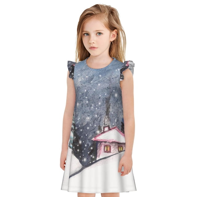 Fotbe Watercolor Winter Landscape For Christmas Vestido de Dormir para Niñas de 3 a 10 Años, Mangas Cortas, Estilo Princesa, Pijama Camisón con Mangas Voladas-XX-Large
