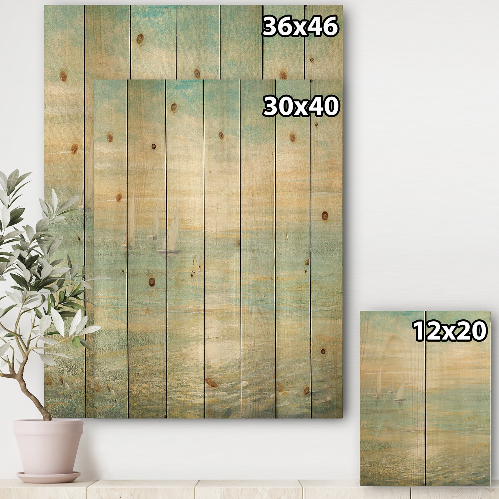 Designart 'Sunrise Boat I' Nautical & Coastal Print on Natural Pine Wood