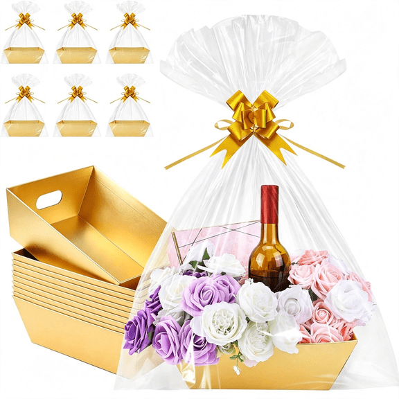 CCOCC 10 Pack Gold Gift Baskets Empty, 10X8X3.5" Thick Paper Basket with 10 Clear Bags and 10 Gold Bows, Empty Gift Baskets for Christmas Valentine Easter Birthday Anniversary Luxury Wrapping