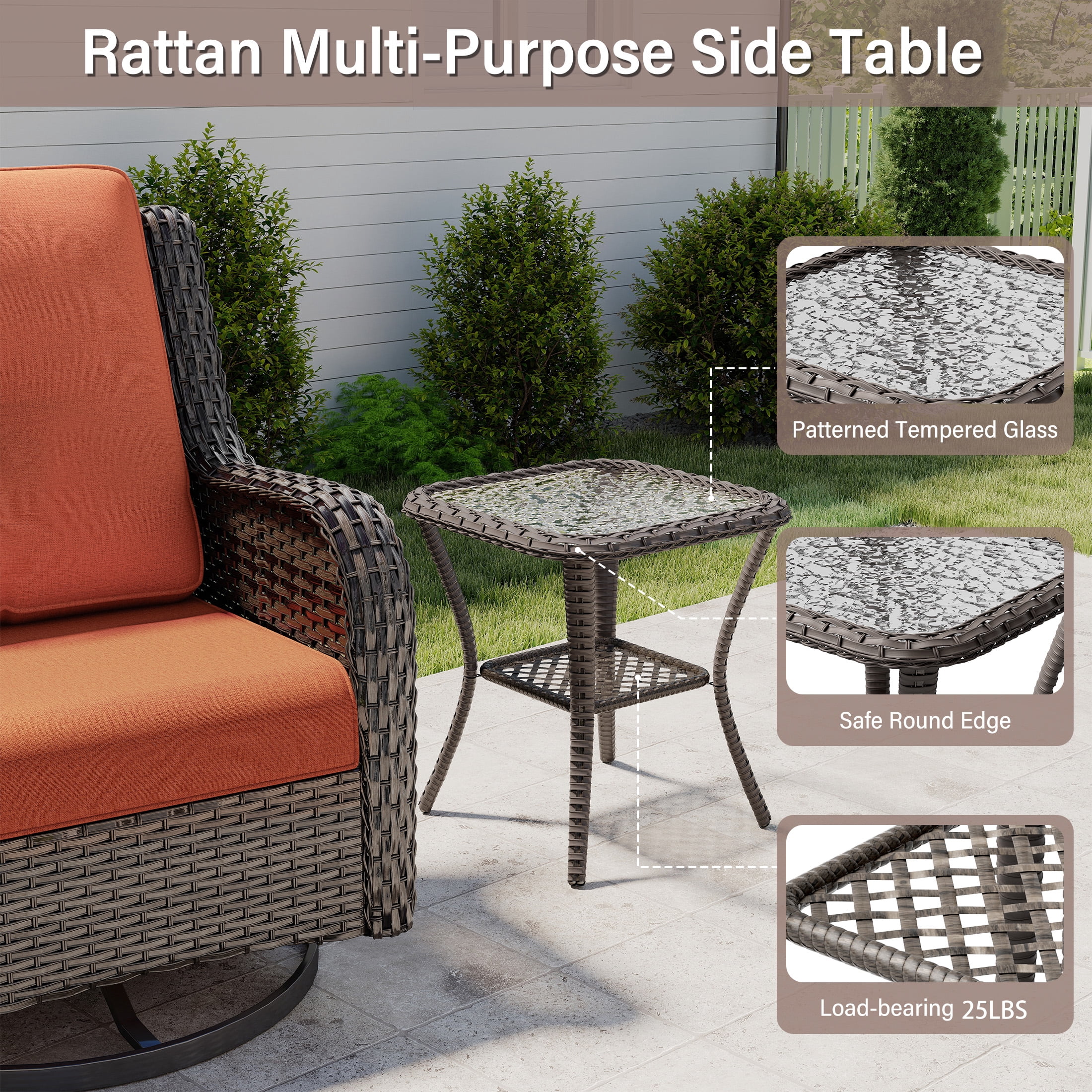 MeetLeisure 7 Piece Wicker Patio Furniture Set, 2 Swivel Rocker Chairs, 4 Rattan Armchairs, 1 Side Table, High Back, Deep Seating, Thick Cushions for Deck Porch, Orange