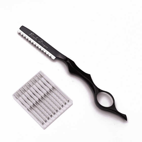 Feather Razor Professional, Hair Styling Thinning Texturizing Cutting Razor, Black Metal Frame with 10 Replacement Blades, Ergonomic Handle for Barbers, Hairstylists