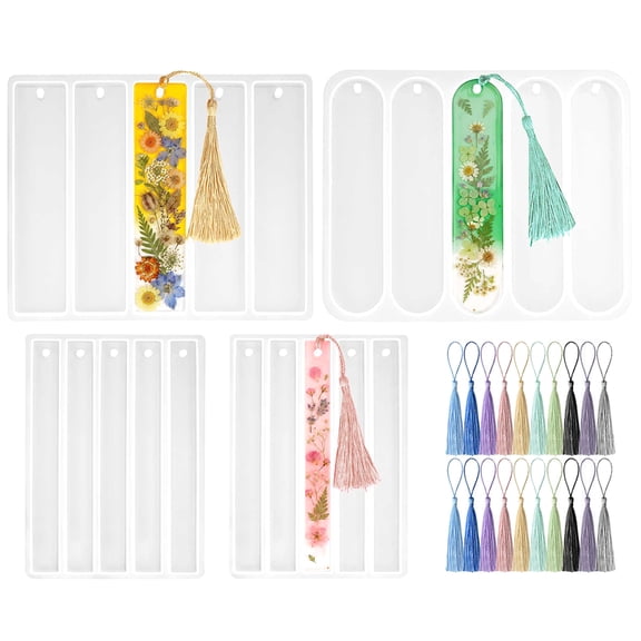 4 Pcs Bookmark Silicone Molds, Rectangle Bookmark Resin Mold with 20 Colorful Tassels, for DIY Art Crafts, Decoration Gifts
