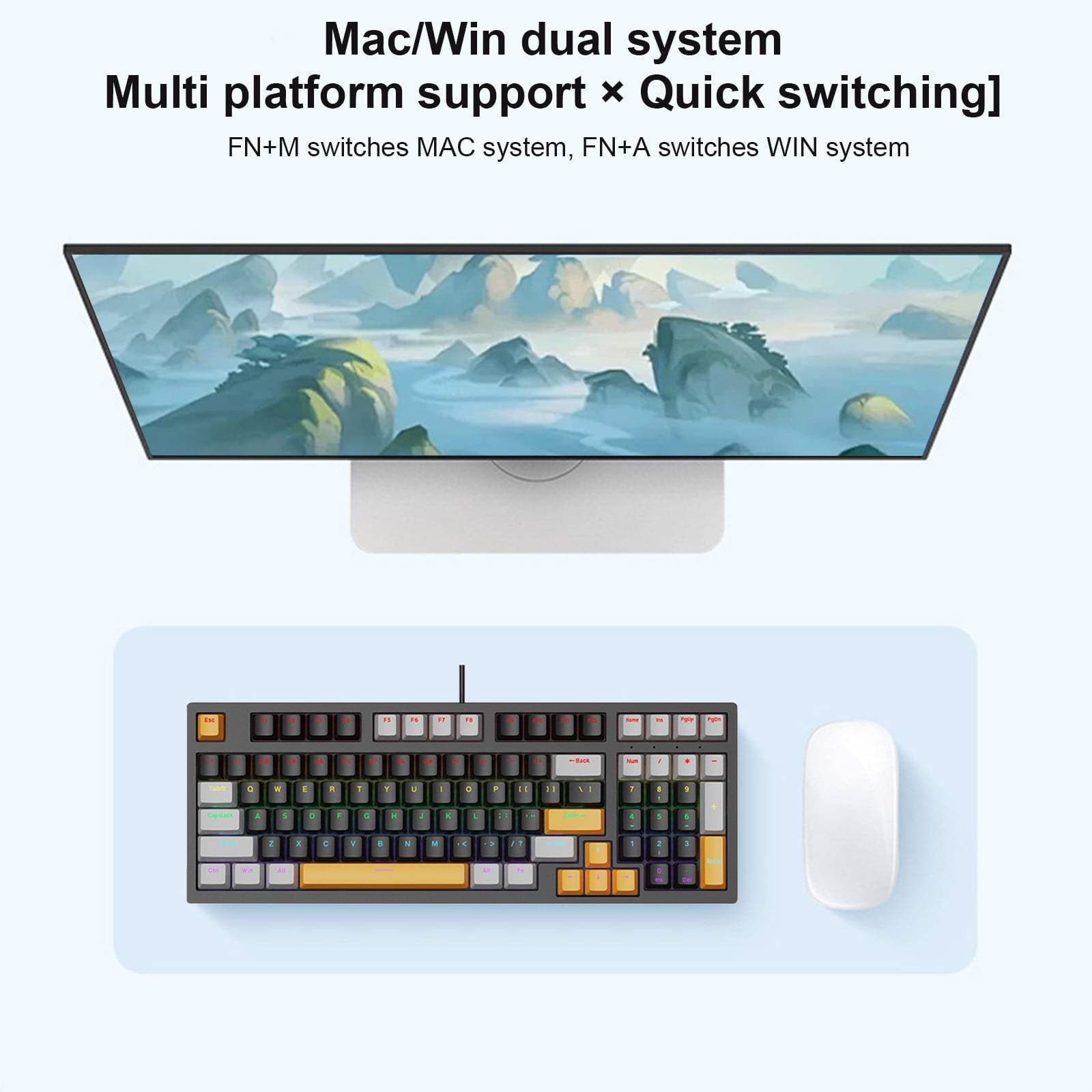 AuroraX 98 Keys Gaming Keyboard LOL Wired C-Type Ergonomic Keyboard Black RGB Lighting Mechanical Keyboard