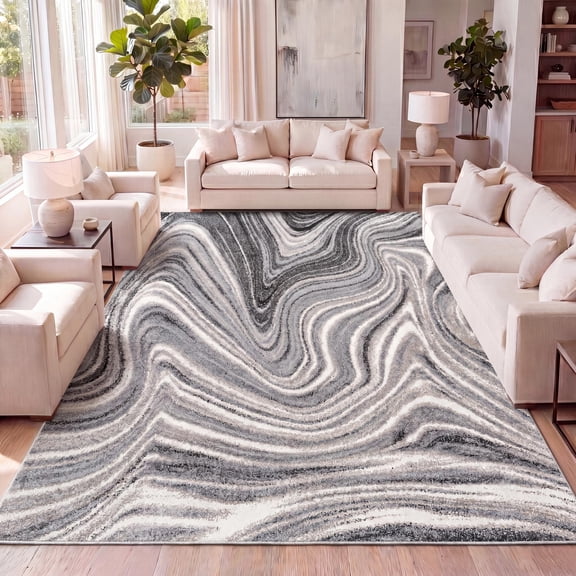 JONATHAN Y SUPERSOFT 5 x 8 Area Rug, Eleni Glam Abstract Marble - Charcoal/Cream, SEU301A-5