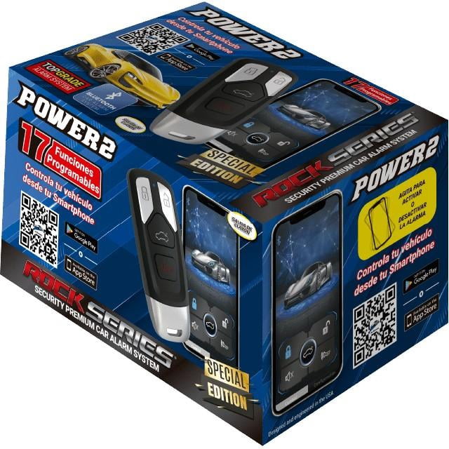 auto alarma power2 universal auto calidad agencia, caja en vista 3/4 con control remoto negro y plateado en primer plano y smartphone mostrando la app; empaque azul y negro indica 17 funciones programables, sensor de ultrasonido y sensor doble impacto, incluye relevador y sirena potente, logo ROCK SERIES y LED azul.