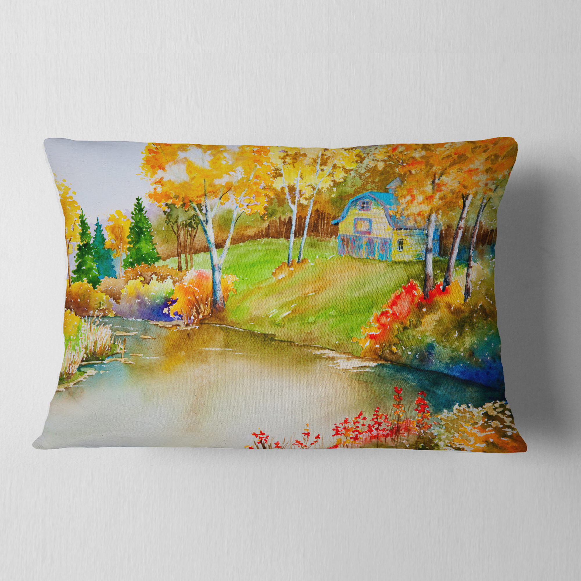 Designart House and Quiet Pond in Fall - Landscape Printed Throw Pillow - 12x20