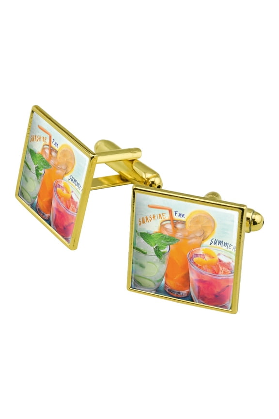 Mixed Drinks Sunshine Summer Fun Happy Hour Tropical Beach Vacation Square Cufflink Set - Silver or Gold
