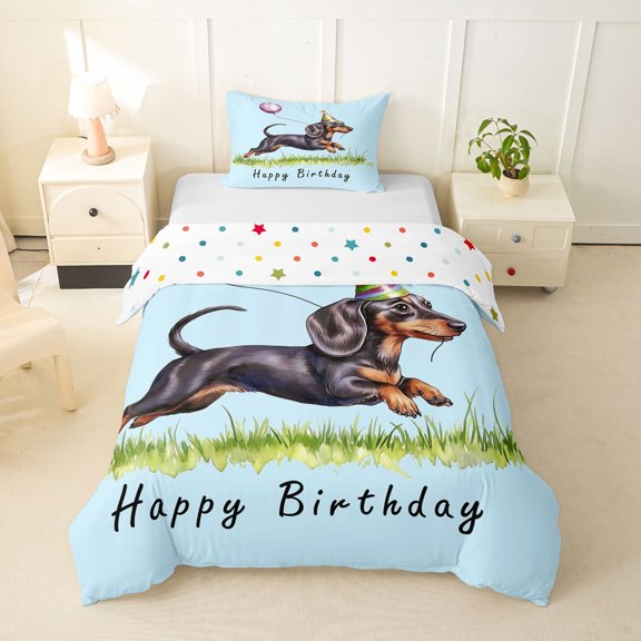 Homewish Cute Dachshund Dog Twin Duvet Cover,Happy Birthday Print Twin Bedding,Blue,Purple Balloon Decor,Polkadot Reversible,2 Pieces,1 Duvet Cover and 1 Pillowcase