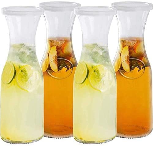 Estilo Glass Carafe 1 Liter With Lid For 1 Liter (2), Water, Juice Serving,  Tall Narrow Neck Design, 33oz, Set of 2, Clear