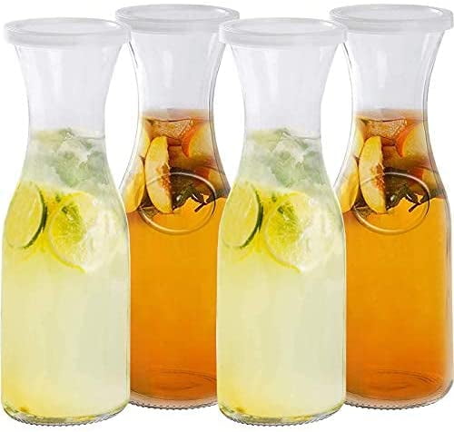 Estilo Glass Beverage Pitcher Carafe With Plastic Lids, Narrow Neck Design,  1 liter (33oz) Set of 2