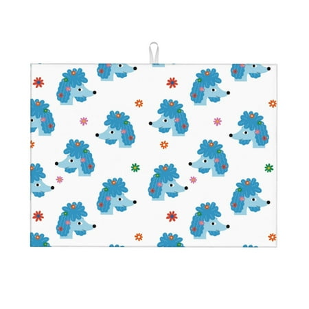 

Large Dish Drying Mats for Kitchen Counter - Blue Cute Poodle Dog Flower 18x24In Anti-Slip Absorbent Microfiber Drying Mat for Kitchen Counter Mat Dish Rack Mat with Hanging Loop