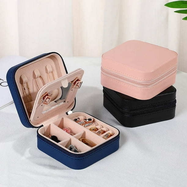 Joyero de PU sencillo con espejo, caja de almacenamiento para pendientes, collares y viajes, caja de joyería portátil