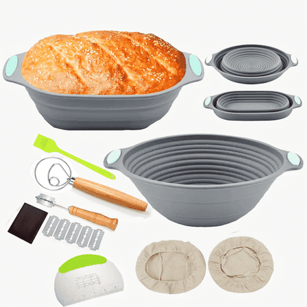 Silicone Banneton Bread Proofing Baskets W/Liners, 9" Round&10" Oval, Sourdough Starter Kit