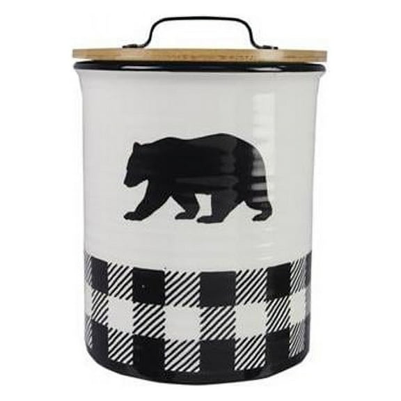 Youngs 21200 Ceramic Buffalo Plaid Bear Treat Jar, Black & White