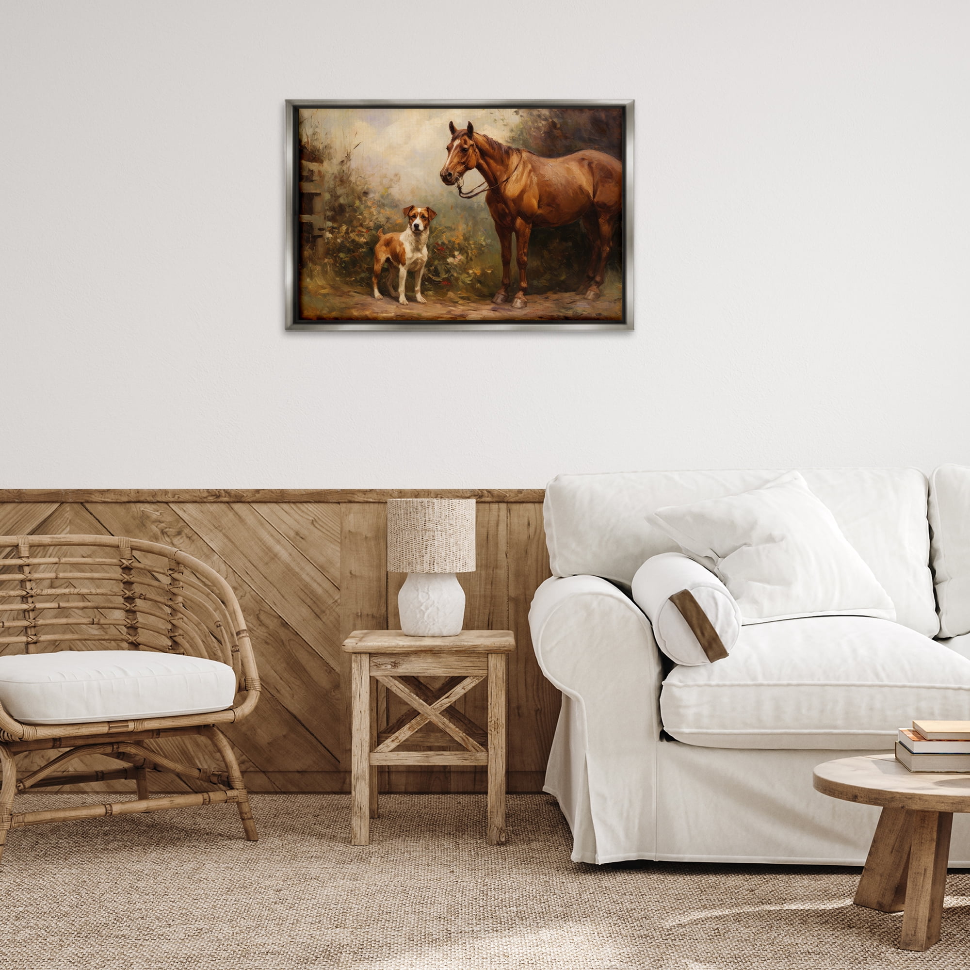 Stupell Industries Horse & Dog in Nature Landscape Painting Gray Floater Framed Canvas Art Print Wall Art, 31 x 21