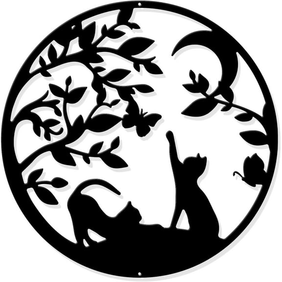 Cats Metal Wall Art Decor Black Wall Hanging Decor Silhouette Wall Art for Home Bedroom Living Room Bathroom Kitchen Office Garden Hotel Wall Decoration 11-4/5 in Diameter Black
