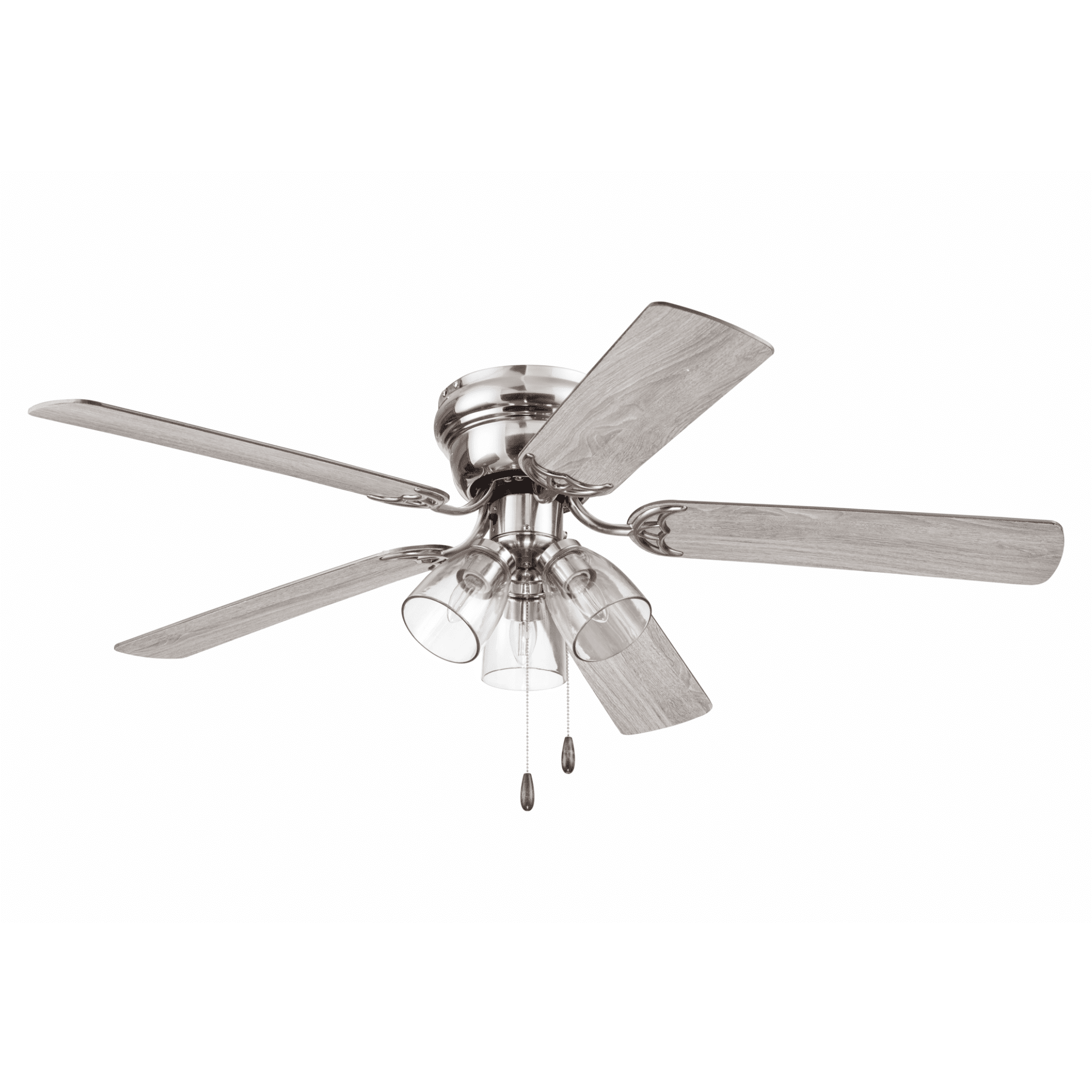 Prominence Home Renton 52" Brushed Nickel Flushmount Ceiling Fan with Light, 5 Blades, Pull Chains & Reverse Airflow