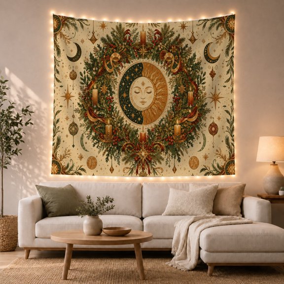 Sun and Moon Face in a Holiday Wreath, Mystical Vintage for Celestial Fans, Seasonal Wall Art, Christmas Gift, Tapestry Wall Hanging for Bedroom and Living Room