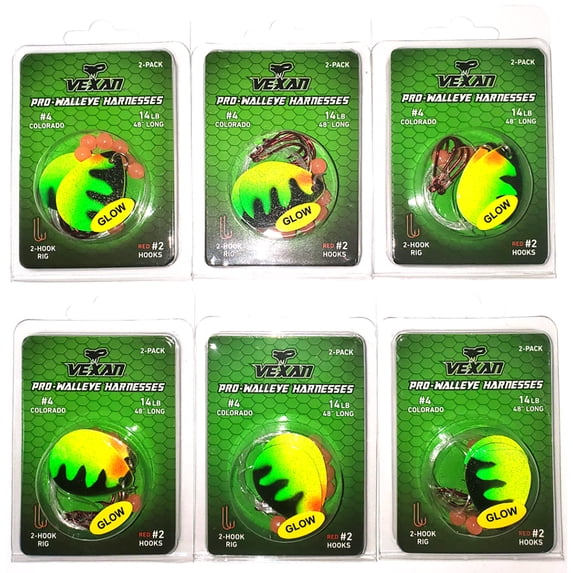 Vexan Six 2-Packs (12 Total) Glow Walleye Crawler Harnesses, Perch