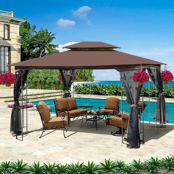 Patio Gazebo Canopy, 13'x10' Outdoor Gazebo with Double Vented Roof, Gazebo for Patio with Privacy Netting & Steel Frame, Easy Setup Permanent Pavilion with Strong Legs for Patios, Lawns, Gardens