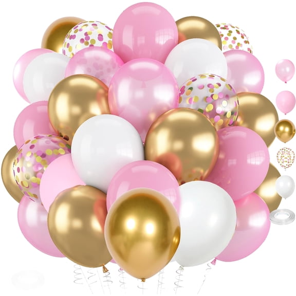 Pink and Gold Balloons,35Pcs Retro Pink White Balloons, 12 Inch Metallic Gold Confetti Balloons Light Pink Latex Balloons for Girls Baby Shower Birthday Party Decorations