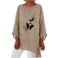 thumbnail image 1 of Camisa de lino y algodón con cuello redondo y manga 3/4 para mujer, tops con estampado personalizado, blusa holgada con dobladillo irregular Pompotops FGAJ11726, 1 of 7