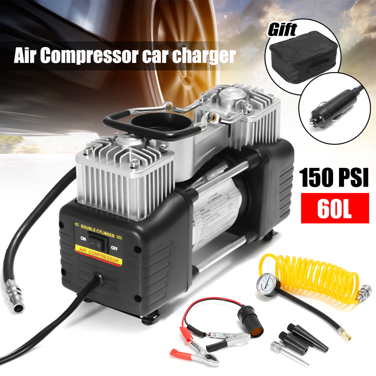 3 adapters NEW Air Compressor Portable Pump 300 PSI Auto Car SUV Tire 12V volt 