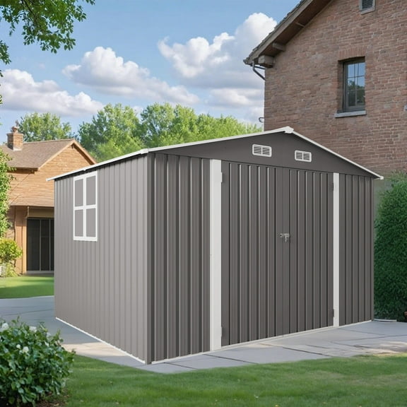 10 x 8 FT Outdoor Storage Shed, Large Metal Lockable Storage House with Air Vent, Clear Window Garden Tool Shed for Bicycles, Tools, Lawnmowers, Backyards, Patios, Lawns