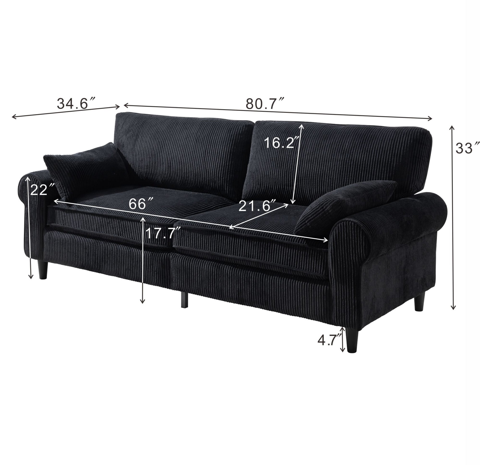 DEALTOPS 81" Corduroy Loveseat, Modern 2-Seater Sofa with Rolled Arms, Iron & Wood Frame, Charcoal Black