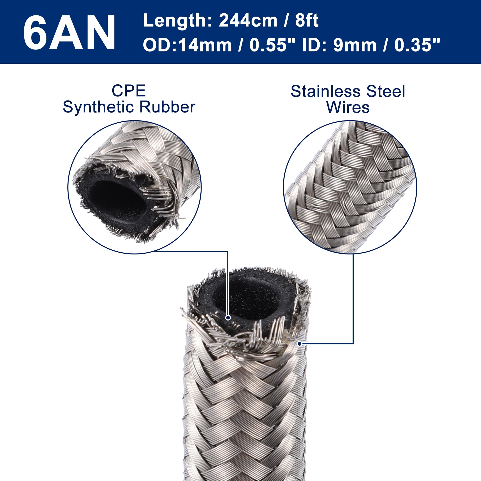 Unique Bargains 8ft 6AN Fuel Hose AN6 Universal Car Braided Stainless Steel CPE Oil Fuel Gas Line Hose Silver Tone