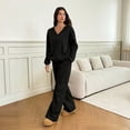 thumbnail image 4 of Domzest Sweatsuits 2 Piece Sets for Women Long Sleeve V Neck Off the Shoulder Sweatshirt & Wide Leg Sweatpants Casual Fall Outfits Black S, 4 of 5