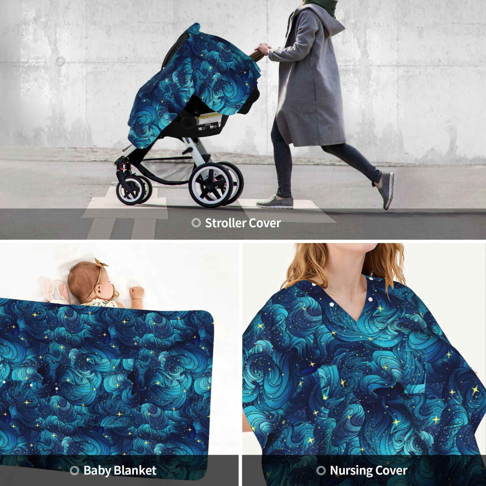 Car Seat Cover Baby - shiny star navyblue wave Breathable Infant Car Seat Cover for Baby Carseat, Lightweight Comfort Baby Essentials Must Haves Newborn Stuff for Girl Boy