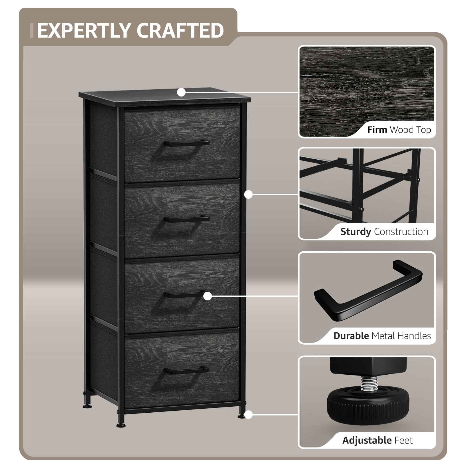 Sorbus 4-Drawer Nightstand, Bedside Table with Steel Frame, Wood Top, Rustic Black