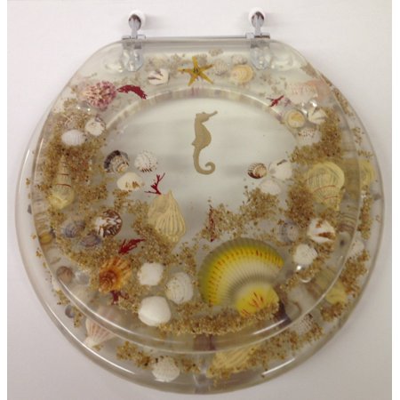 Seahorse Acrylic Toilet Seat - JEWEL SHELL SEASHELL AND SEAHORSE RESIN TOILET SEAT, CHROME HINGES STANDARD SIZE