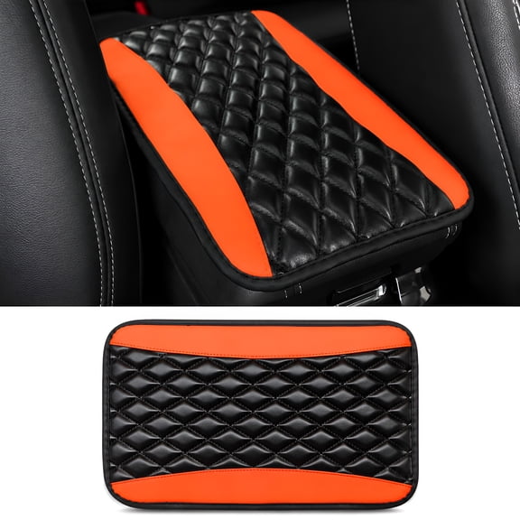 Car Center Console Cushion Pad, Universal Leather Waterproof Armrest Seat Box Cover Protector,Comfortable Car Decor Accessories Fit for Most Cars, Vehicles, SUVs (Orange)