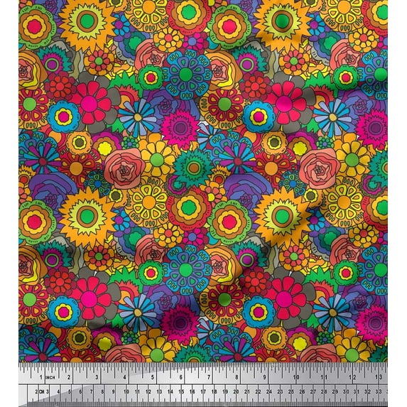 Soimoi Japan Crepe Satin Fabric Colorful Flowers Clip Art Print Fabric by The Yard 42 Inch Wide