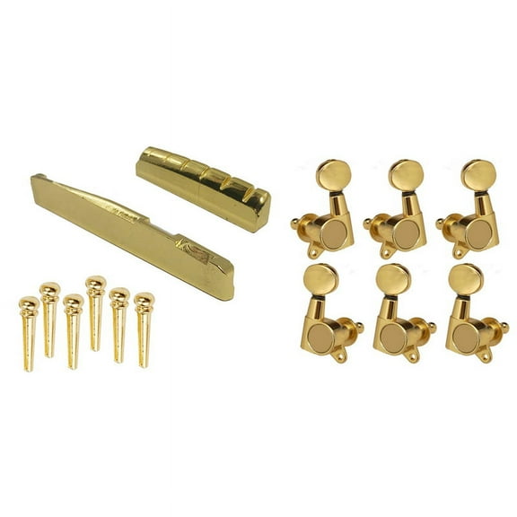 6Pcs Guitar Brass Bridge Pins Saddle Nut Replacement Parts for Acoustic Guitar & 6 Pieces Guitar String Tuning Key Pegs/ Knobs(for Left and Right) with Ferrules