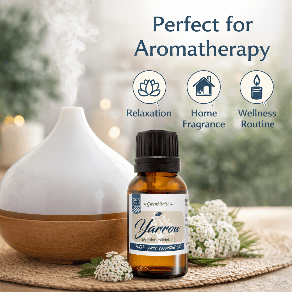 Yarrow Essential Oil – 100% Pure Achillea Millefolium Oil – Aromatherapy Oil for Diffuser, Soap Making, Candle Making –  15 ml (1/2 fl oz) Amber Glass Bottle w/ Euro Dropper – GreenHealt