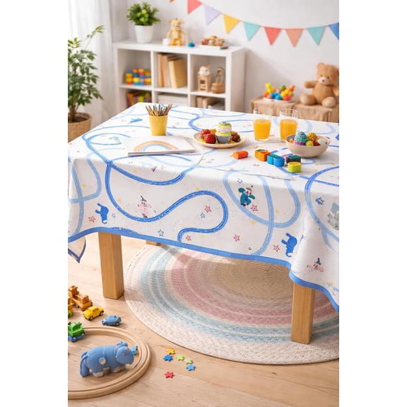 Fennco Styles Playful Circus Scalloped Tablecloth 56" x 71" – Whimsical Fun Animal & Star Print Table Cover for Kids & Family Table Decor for Daily Meals, Parties & Playdates