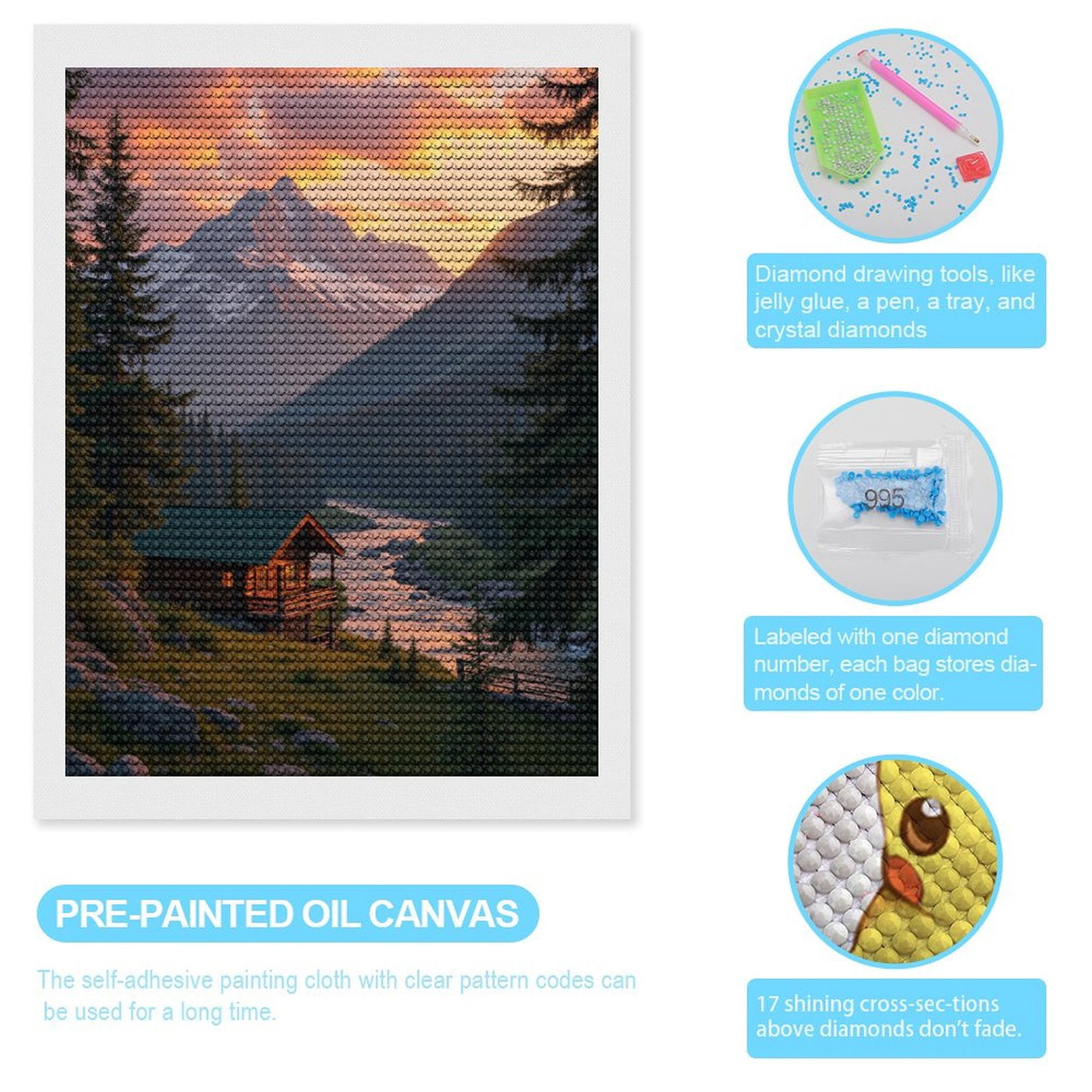 Diamond Art Kits for Adults, Mountain Cabin Sunset River Scene 5D Diamond Painting Kits for Adults Beginners, DIY Full Drill Diamond Painting, Gem Art and Crafts 12x16