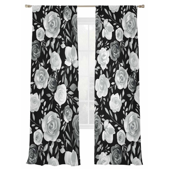 Black Flowers Sheer Curtains 108 Inch Length 2 Panels Set, Semi Transparent Voile Rod Pocket Curtains for Living Dining Room Bedroom Drapes Watercolor Vintage Floral Leaves Country