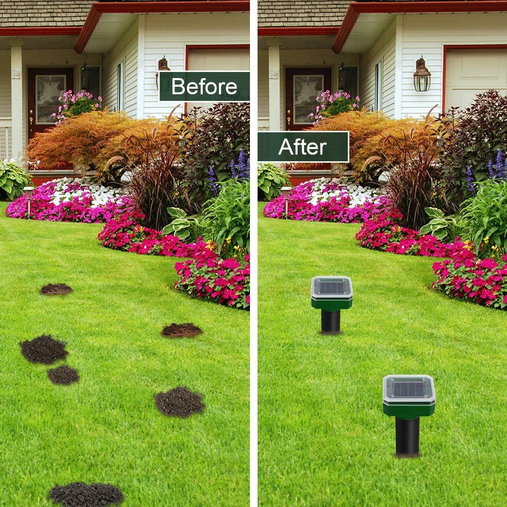 Solar Mole Repellent Ultrasonic 4 Pack Outdoor Powered Sonic Deterrent - Mole Stopper Scare Vole for Lawn Garden & Yard Home - Groundhog Repeller Snake Rodent Gopher Spikes Chaser Pest Control
