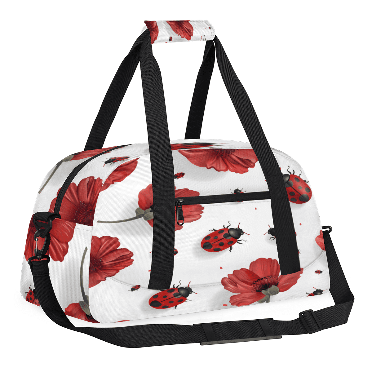 Herdesigns Sports Duffle Bags Travel Duffle Bag Gym Bag Red Ladybugs Poppy Floral Weekender Travel Bag Waterproof Overnight Bag Carry On Travel Tote Bag Dance Bags