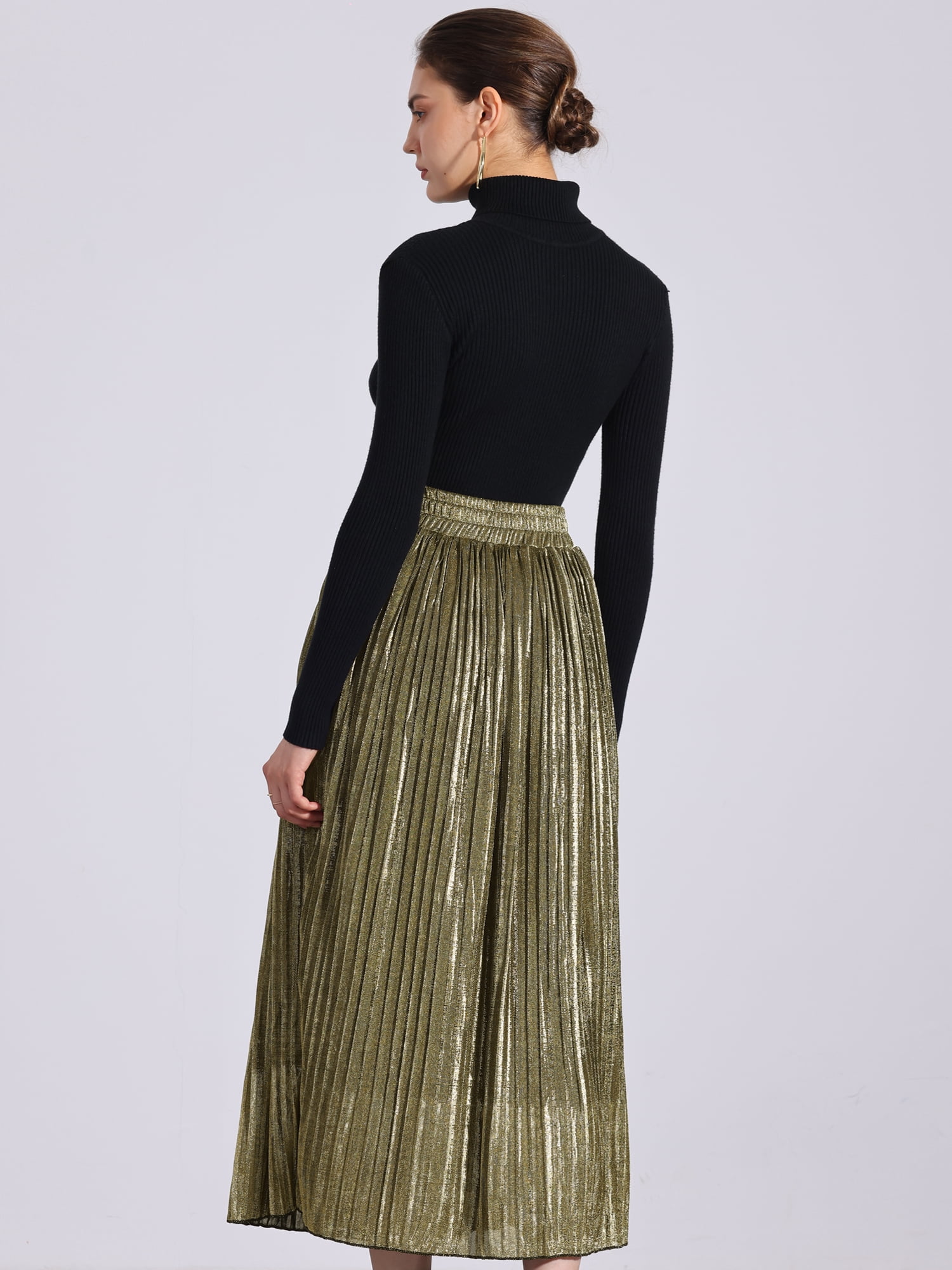 Unique Bargains Women Metallic Glitter High Waist Flared Plaeted Midi Skirt S Gold