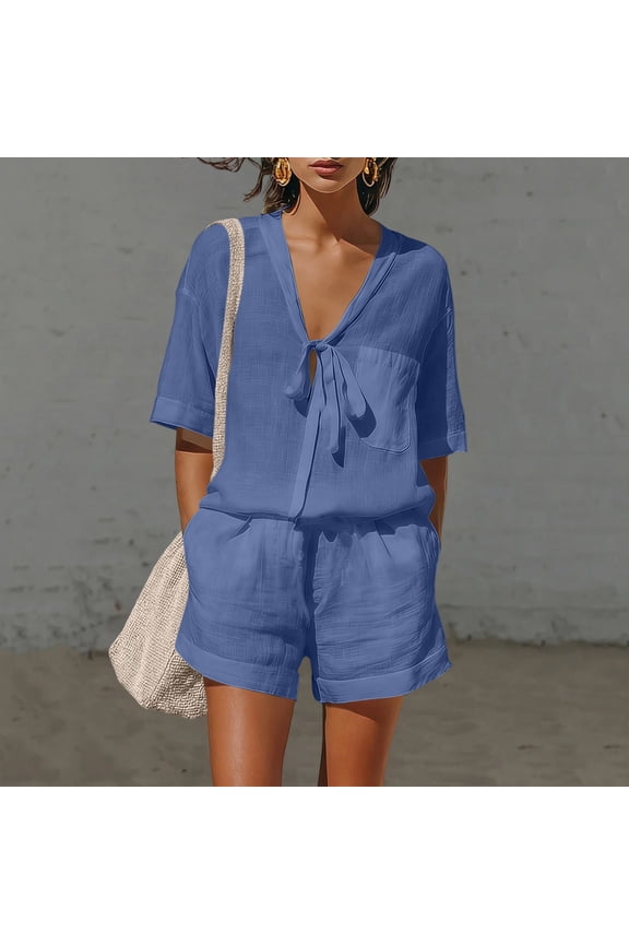 Women Two Piece Linen Sets, Solid Color Short Sleeve V-Neck Tops and Wide Leg Shorts with Pockets Loose Breathable Hawaiian Beach Vacation Summer Outdoor Casual Set