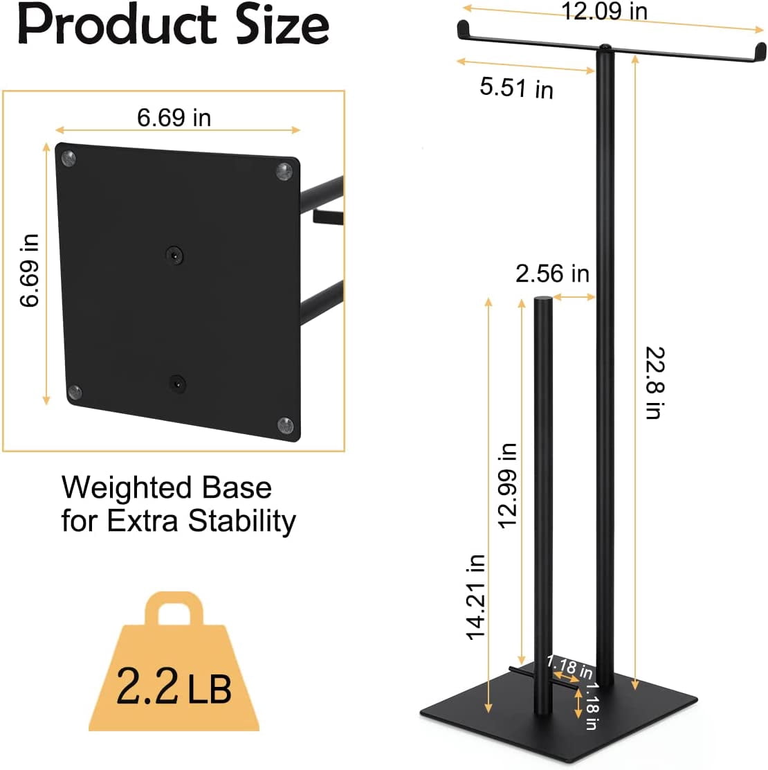 Set of 2 Freestanding T-Shaped Double Bar Toilet Paper Holder with Reserve Holder, Black